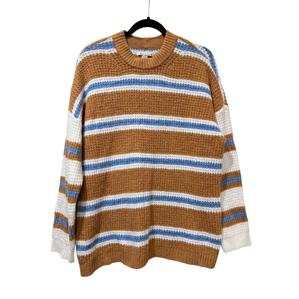 American Eagle Women Brown Blue White Striped Waffle Knit Oversized Sweater S